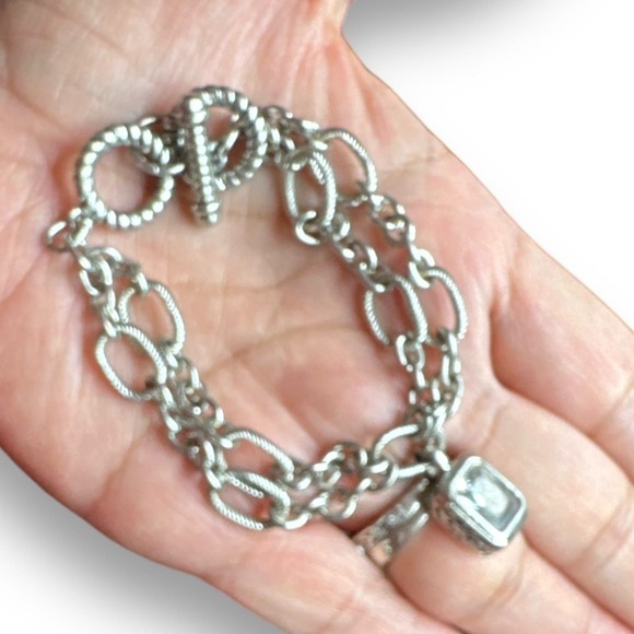Dangle CZ Double Chain Bracelet Silver Tone Toggle Clasps - Picture 5 of 6